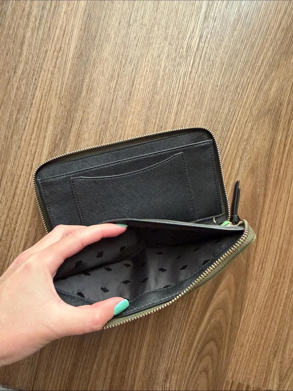 kate spade Olive Green Zip Wallet with Gold Plaque